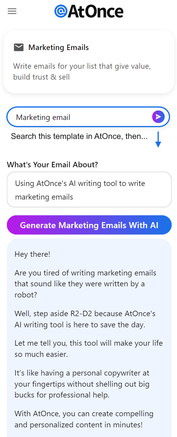 AtOnce AI marketing email generator